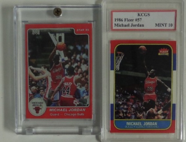 This lot holds TWO cards, one graded and slabbed, the other in a basic lucite holder. I see his 1985 Star card #101, looks to be in about Nm+ condition, as well as his KCGS graded mint-10 1986 Fleer card #57. Nice chance, and from the GOAT of the hardwood. 