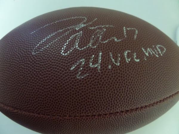 This mint Wilson NFL ball comes signed perfectly in silver by this QB legend!  He has included his #17 and "24 NFL MVP" with his autograph and the Bills are one of the favorites right now to win it all.  Get it now before they do!  Comes hologrammed and is guaranteed authentic.  Retail in the mid hundreds now and Rising. 