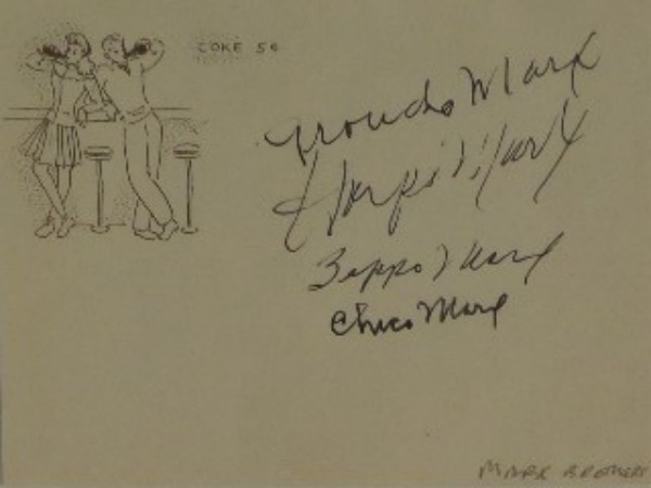 This approx 4x5.25 cut looks to have been from some sort of collector's album, and is in EX/MT shape.  It is hand-signed in black ink by all four of the main Marx Brothers, including Groucho, Harpo, Chico and Zeppo, with signatures grading 7.5-8.5's each, and with all four men gone now 45 years or longer, this great-looking cut is valued into the low thousands!
