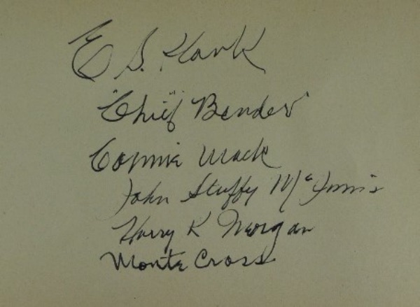 This large autograph album page measures a formidable 4.75x6.75, and is lightly toned around the edges, and in EX/MT condition overall.  It comes hand-signed in black ink by 6 members of the 1911 World Champion A's, including Eddie Plank, Connie Mack, Chief Bender, Stuffy McInnis, Harry Morgan and Monte Cross, with signatures ranging from 6.5's to 8's, and with all men here long gone, retail is well into the thousands!