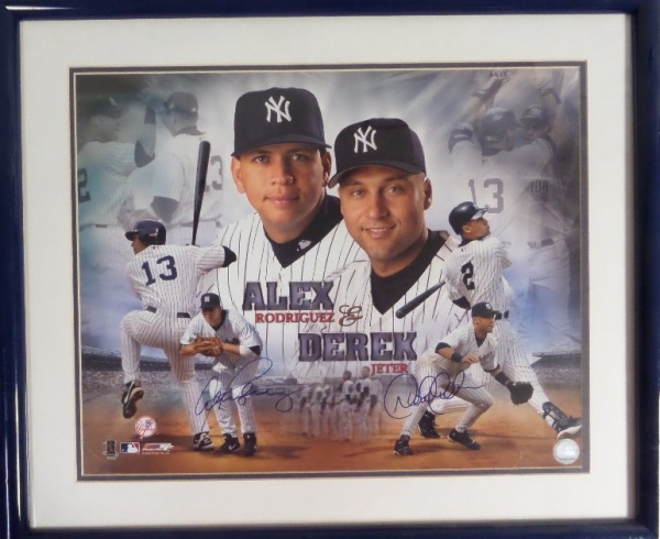 This 22x26 blue-framed and navy/white double-matted display features a full color Alex & Derek photo collage print, hand-signed by BOTH New York Yankees icons.  Signatures are clean 8's and better, and there is literally nothing to do here but put it up on your wall and watch everyone drool!